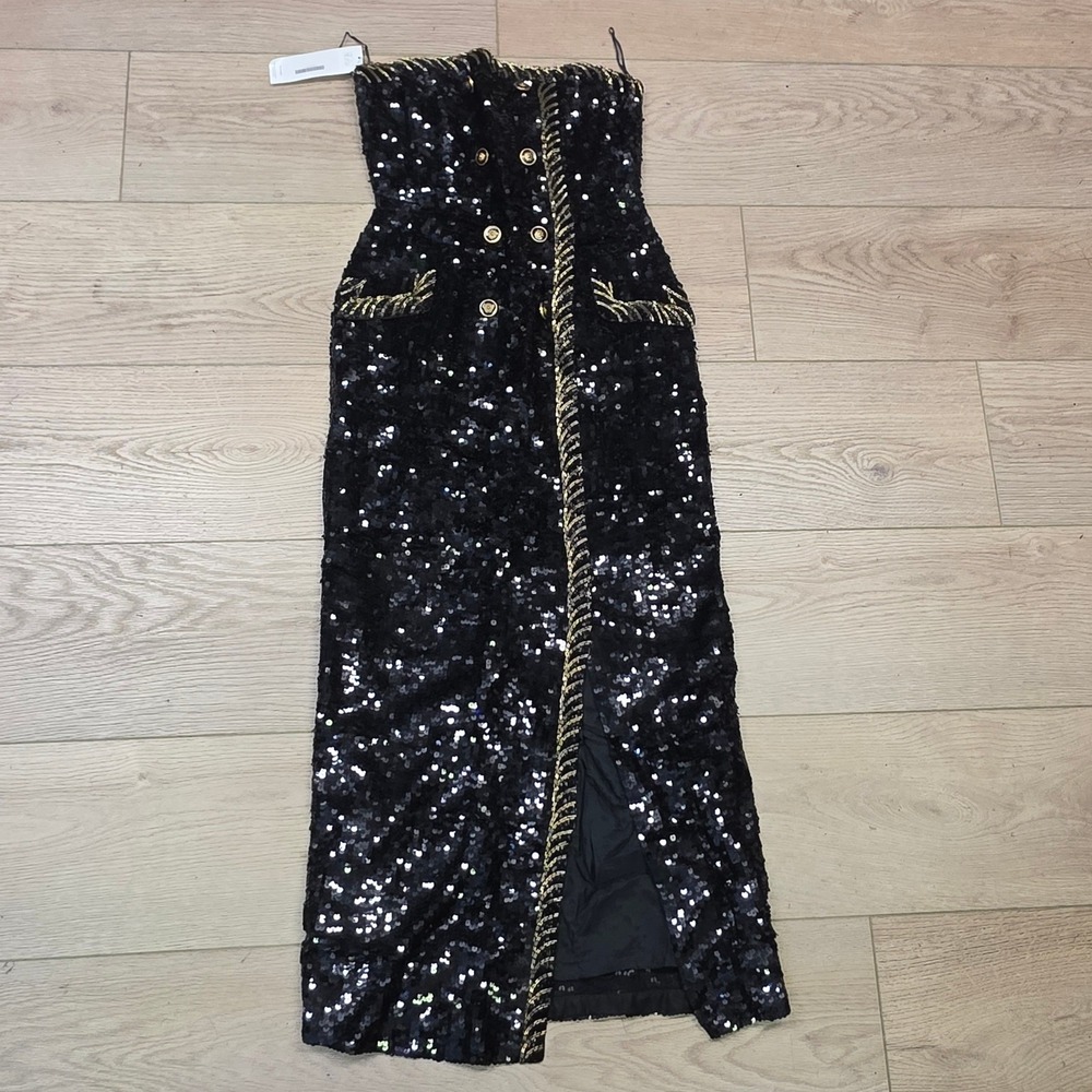 Balmain Sequin Midi Dress Womens 36 Black Excellent Gold Button Strapless Slit